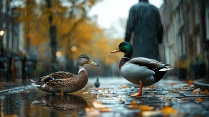 Fototapeta premium Two mallard ducks on a rain-soaked city street, autumn leaves, blurred background.