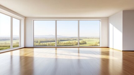 Bright Empty Room With Large Windows and Scenic View