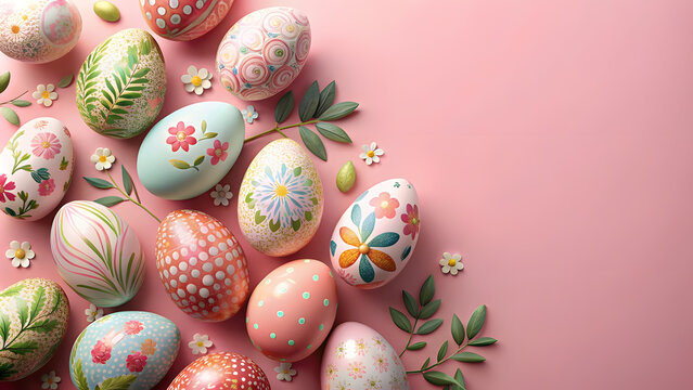 Pastel Pink Background with Floral Easter Egg Designs and Copy Space Above. Perfect for: Easter, Floral themes, Romantic events