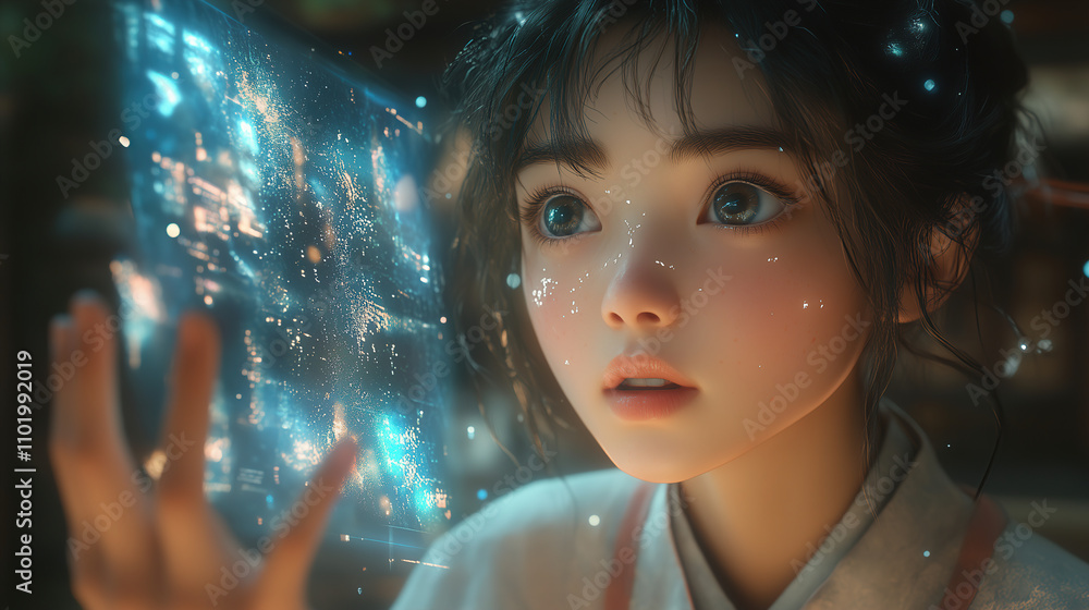 Poster young girl exploring a futuristic holographic display in a mystical setting during twilight. generat