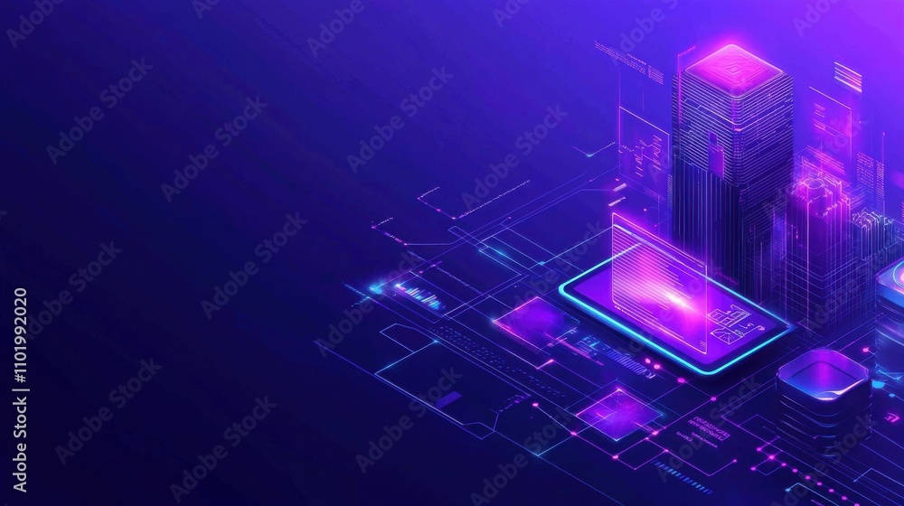 Poster a computer screen with a purple background and a cell phone on it