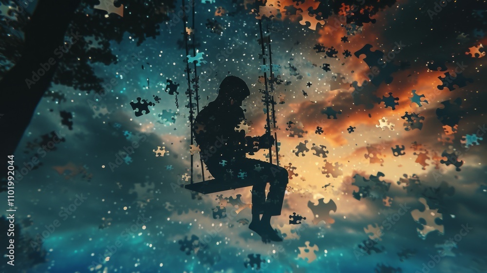 Poster a silhouette of a child made of puzzle pieces swings under a vibrant twilight sky transitioning into