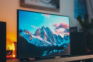 Scenic mountain landscape displayed on a television in a cozy room