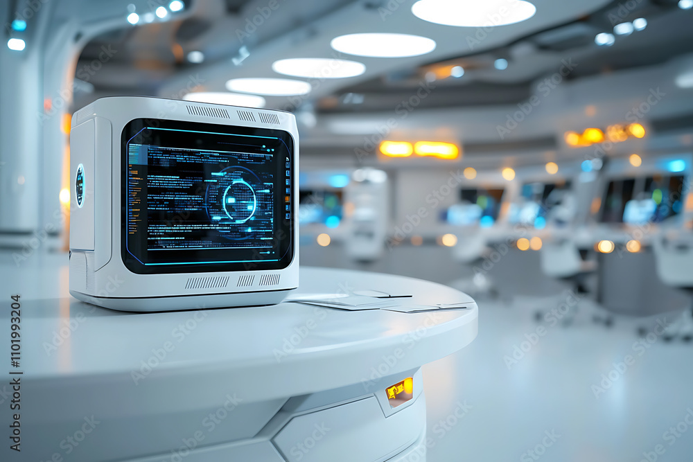 Poster innovative quantum data shielding technology in a futuristic laboratory environment