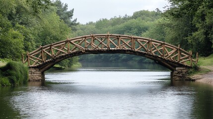 A scenic wooden bridge over a calm river.