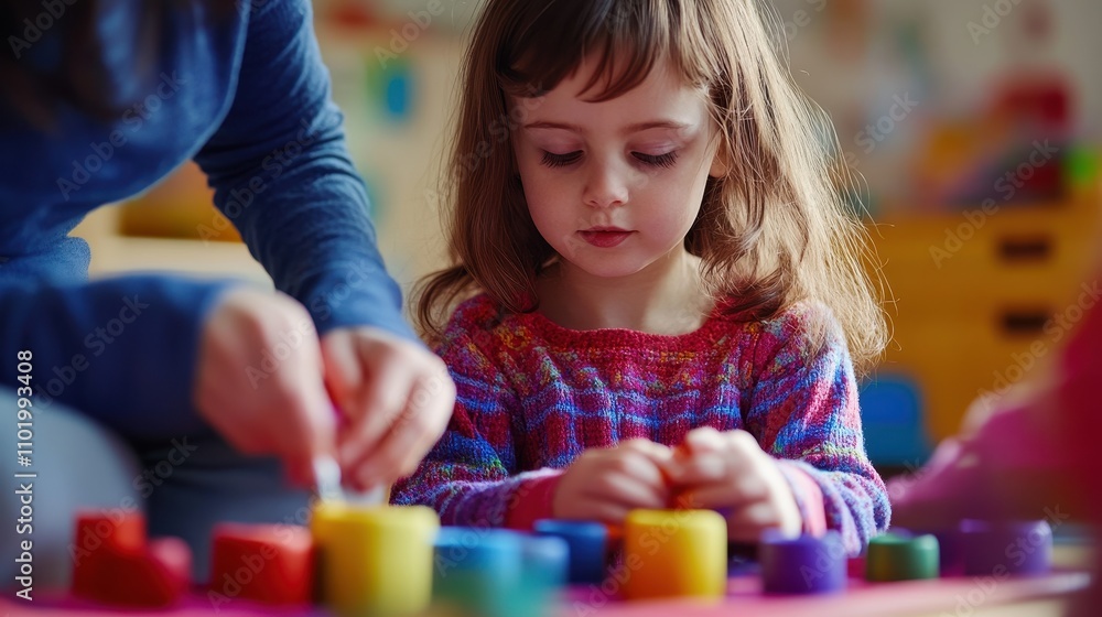 Poster close up of child engaged in creative play with soft colors and shapes using brushes and toys in bri