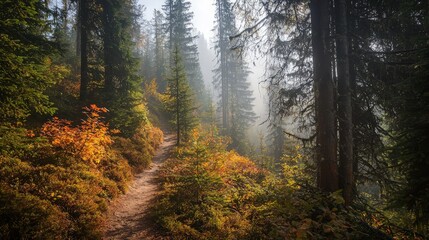 Naklejka premium Misty autumn forest trail with colorful foliage.