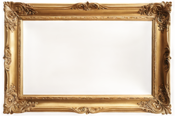Luxurious Vintage Wooden Frame with Ornate Gold Finish on transparent background, Featuring Intricate Scrollwork and Leaf Design.