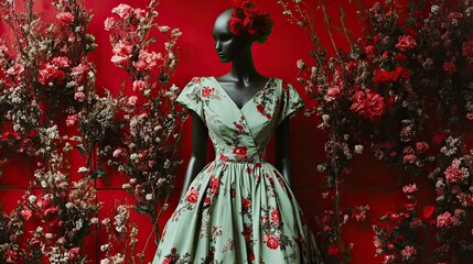 Fototapeta premium A full body shot of a red mannequin wearing a light green modern spring dress with a floral pattern.