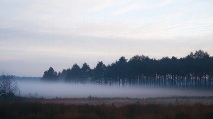 Fototapeta premium Misty dawn landscape with silhouetted trees.