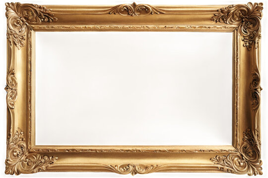 Luxurious Vintage Wooden Frame with Ornate Gold Finish on transparent background, Featuring Intricate Scrollwork and Leaf Design.