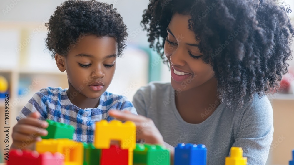 Aufkleber therapist engaging in play therapy with child using colorful building blocks in a bright setting