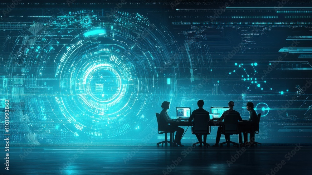 Poster a group of people sitting at a table in front of a computer screen