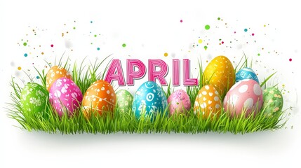 April Banner with Easter Eggs on Grass Background