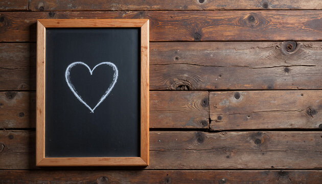 Chalkboard with a heart drawing in a wooden frame on a rustic wooden background with copy space, Valentine's Day Celebration background