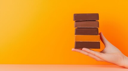 Organic retail food concept, A hand holds a stack of chocolate bars against a vibrant orange background, creating a visually appealing and appetizing presentation.