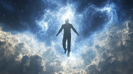 Astronaut silhouette floating in a nebula galaxy science fiction cosmic space dreamlike perspective