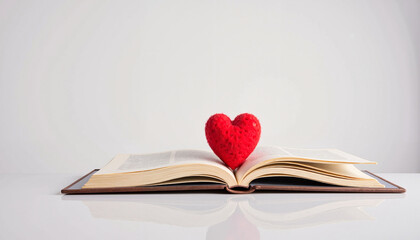 Crocheted red heart resting on open book for romantic themes and creative writing in fresh, minimalistic setting, Valentine's Day Celebration background