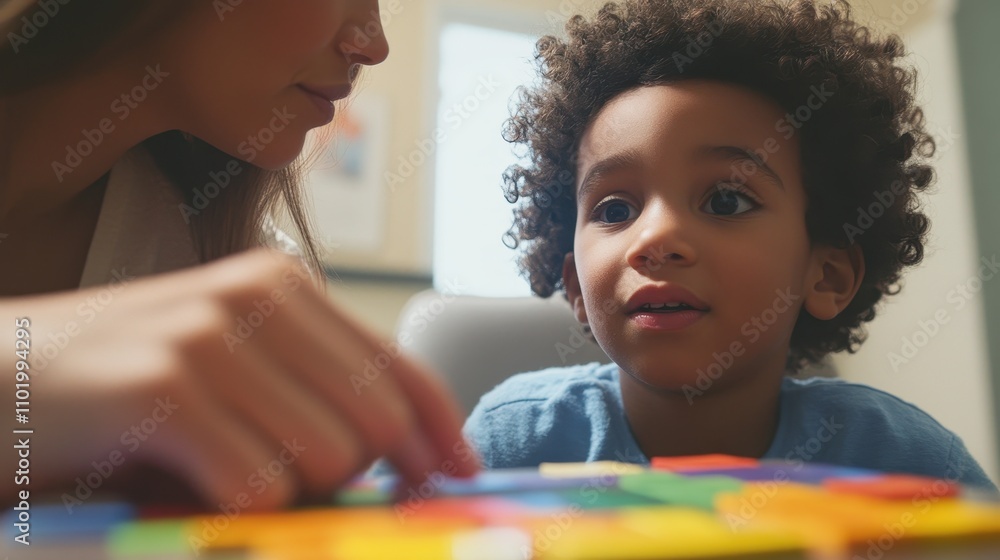 Aufkleber close-up of a child engaging with a therapist using visual aids in a playful learning environment