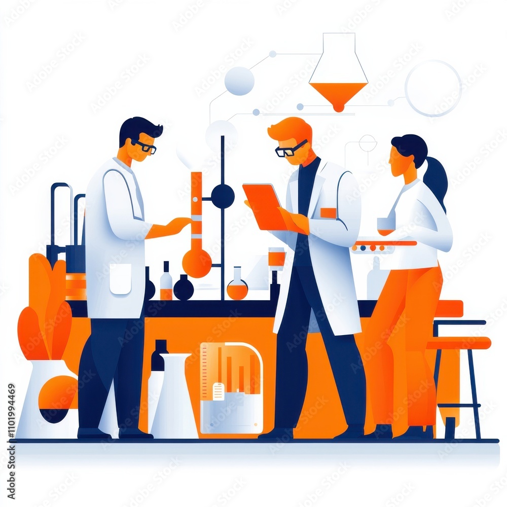 Poster three scientists are in a lab, one of them is reading a tablet