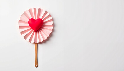 Hanging red heart decoration with pleated pink backdrop on white background for romantic themes and craft projects, Valentine's Day Celebration background