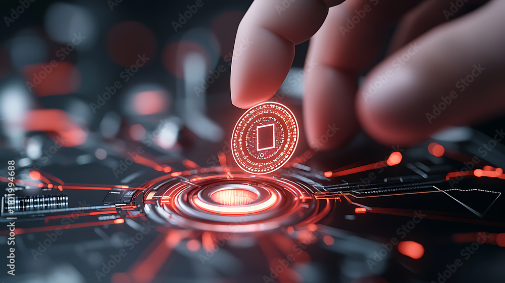 Poster innovative holographic data transfer technology digital future action scene cyber environment close-