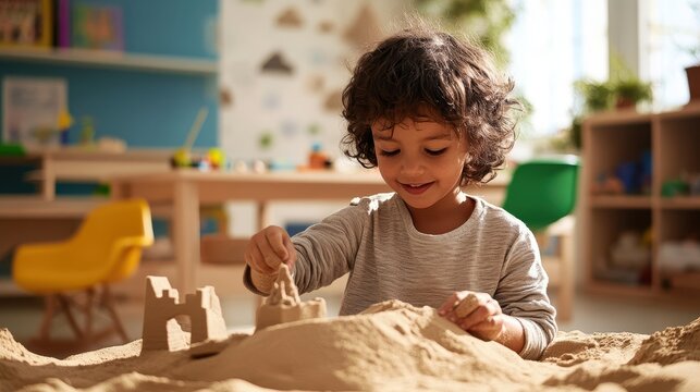 Engaging child therapist session in sand play for emotional and social development in bright classroom setting