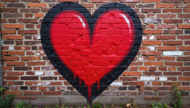 Graffiti red heart mural on brick wall with drips for urban art and love themes in vibrant settings, Valentine's Day Celebration background
