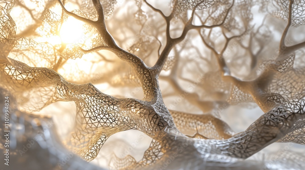 Poster a detailed 3d rendering of delicate, mesh-like tree branches, bathed in soft sunset light. the intri