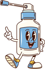 Groovy medical nasal spray character with playful expression wearing sneakers, radiating energy and joy. Isolated cartoon vector medicine sprayer bottle retro personage conveying health and funky vibe