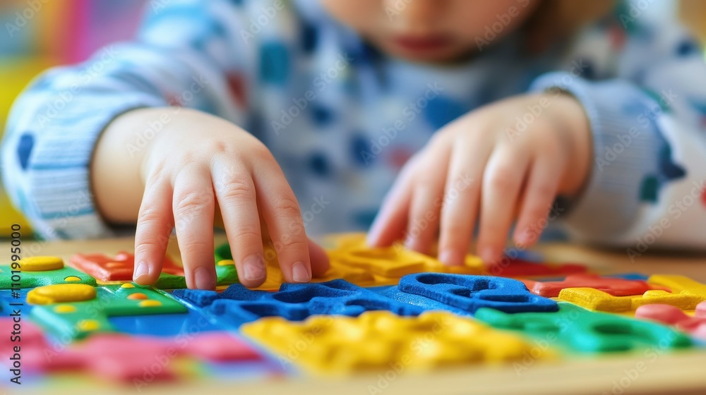 Aufkleber child engaged in playful learning with colorful shapes and puzzle board in bright environment