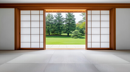 A serene view through shoji doors reveals a lush green garden, blending indoor luxury with nature's tranquility.