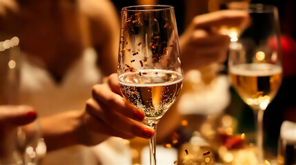 A glass of champagne in a hand of a woman