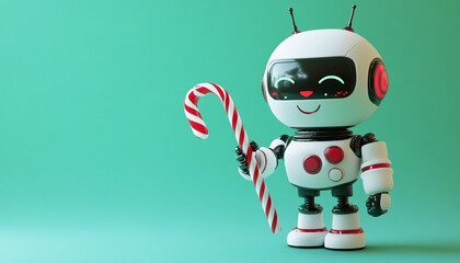 A whimsical robot presents a robotic candy cane, highlighting the fusion of technology and holiday spirit in a celebration of Innovation in Christmas.