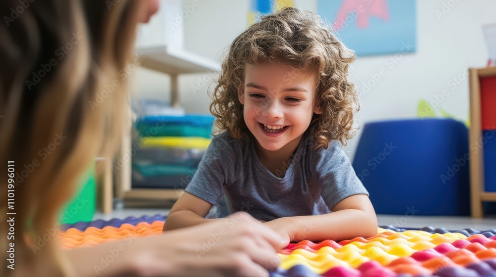 Aufkleber close-up of a child smiling while engaging with a therapist in a playful learning environment