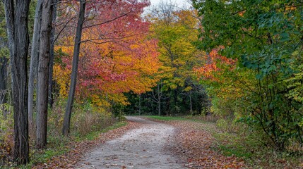 Fototapeta premium Scenic autumn path through vibrant fall foliage.