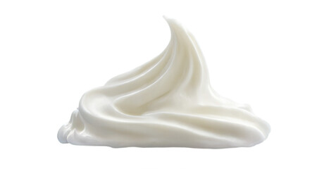 Close-up of fluffy white whipped cream on transparent background in wavy lines, transparent with smooth texture.