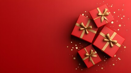 Fototapeta premium Christmas in vibrant red, 3D art, neatly arranged gifts with golden bows and festive sparkle