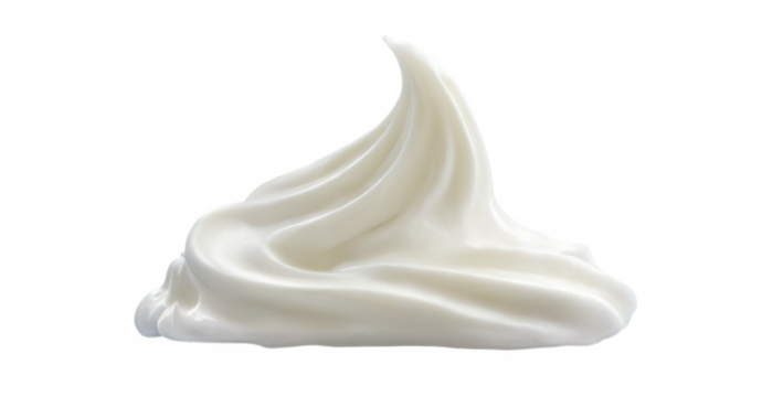 Close-up of fluffy white whipped cream on transparent background in wavy lines, transparent with smooth texture.