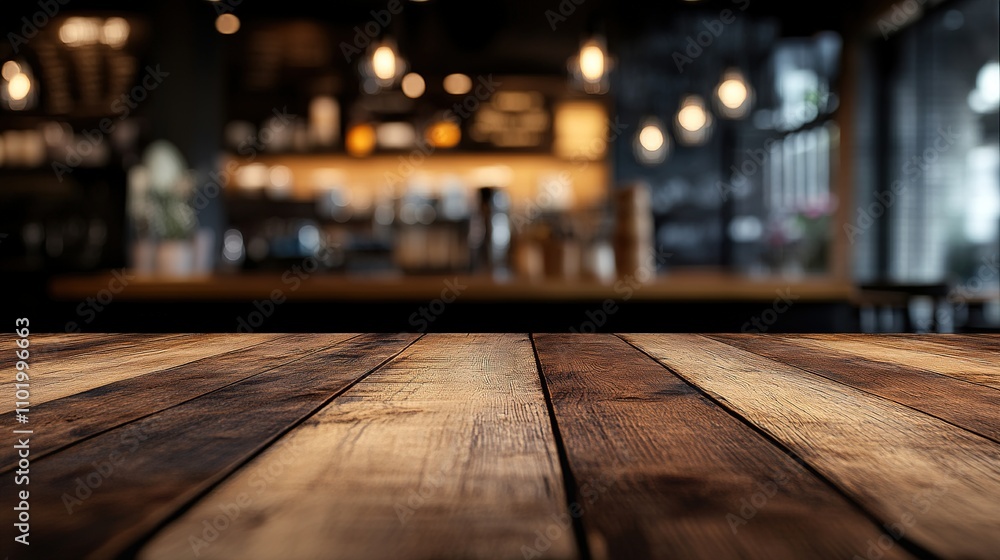 Poster rustic wooden table in a cozy cafe: a warm and inviting scene, perfect for showcasing your products 