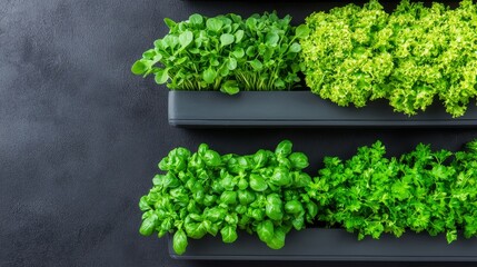 Organic retail food concept, A vibrant display of fresh green herbs and lettuce arranged in vertical planters against a dark background.