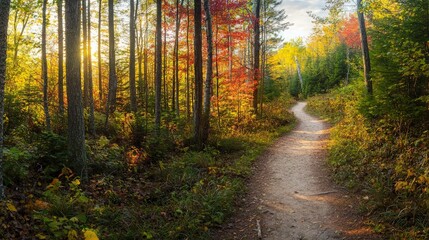 Obraz premium Scenic autumn path winding through a vibrant forest bathed in golden sunlight.