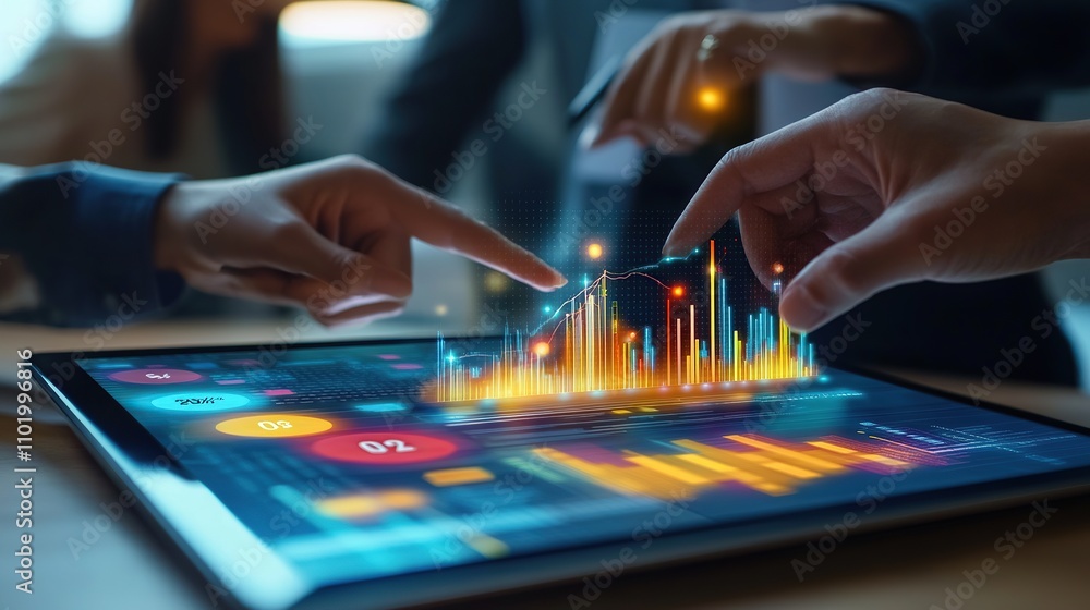 Poster hands interacting with a digital tablet displaying vibrant data visualizations.