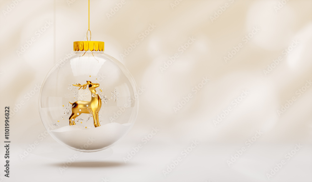 Poster christmas snow ball background with golden reindeer. 3d rendering