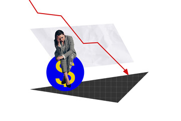 Creative abstract template collage of sad female bankruptcy earning crisis inflation weird freak...