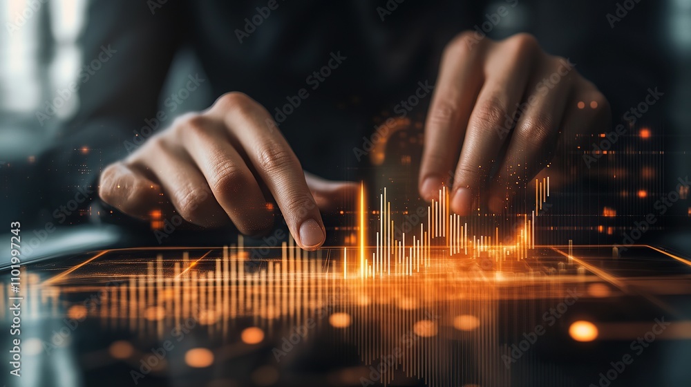 Poster hands interacting with a digital graph, symbolizing data analysis and technology.