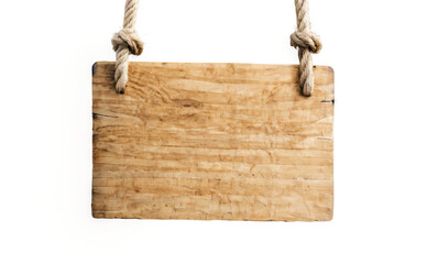 Rustic Wooden Sign Suspended by Ropes on transparent background - Natural and Textured Aesthetic.