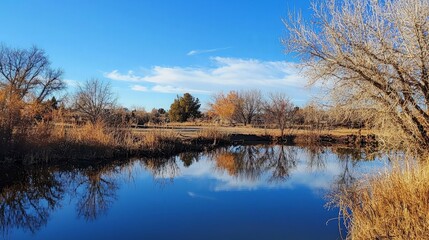 Obraz premium Serene winter landscape with a calm river reflecting trees and a clear blue sky.