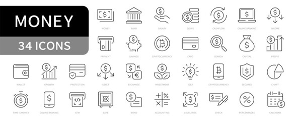 Money and finance simple line icons set vector