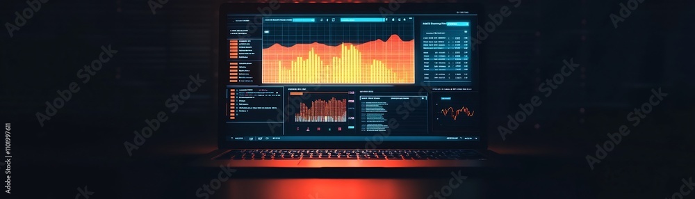 Poster glowing investment dashboard on laptop in dark room showcasing data driven strategies